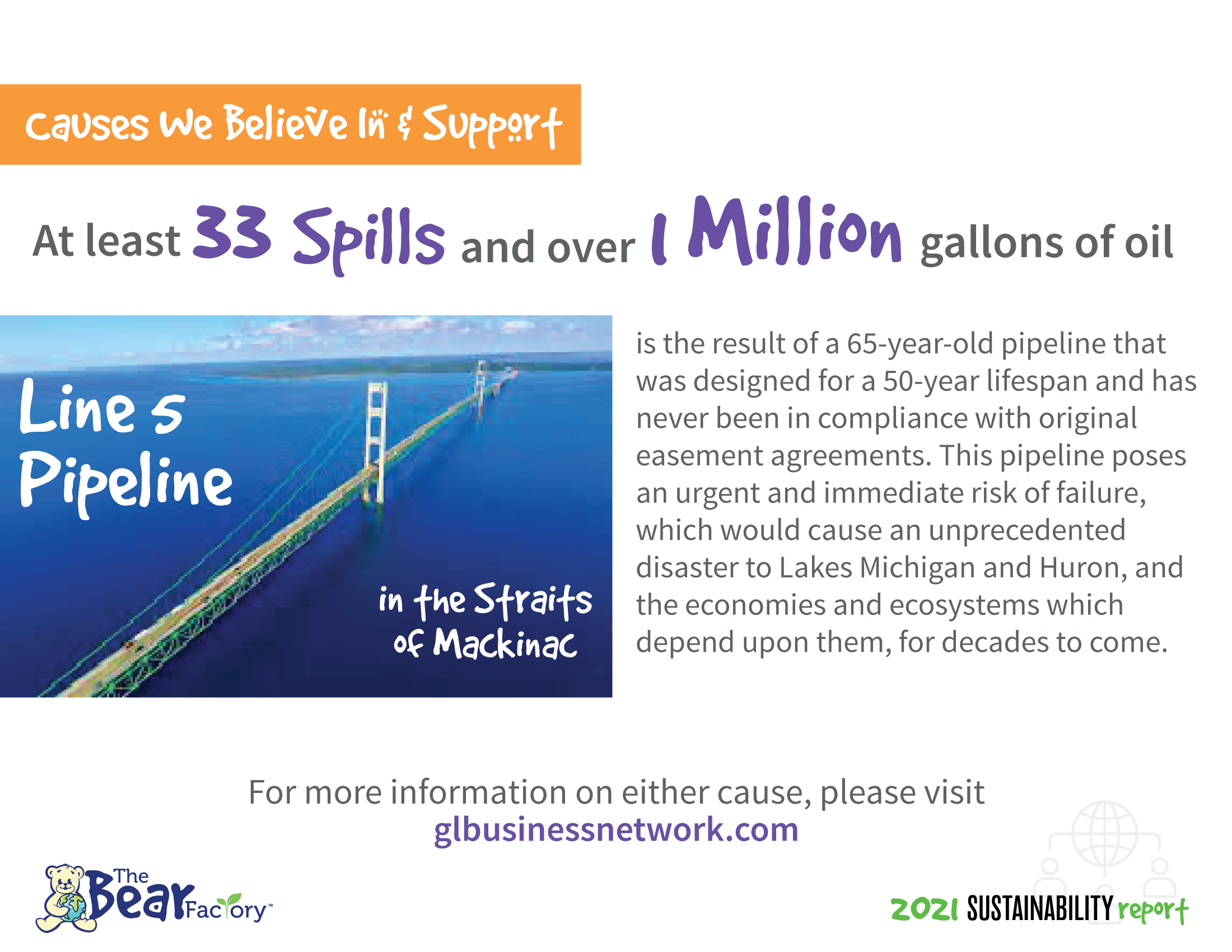 At least 33 Spills and over I Million gallons of oil is the result of a 65-year-old pipeline that was designed for a 50-year lifespan and has never been in compliance with original easement agreements. This pipeline poses an urgent and immediate risk of failure, which would cause an unprecedented disaster to Lakes Michigan and Huron, and the economies and ecosystems which depend upon them, for decades to come. For more information on either cause, please visit glusinessnetwork.com
