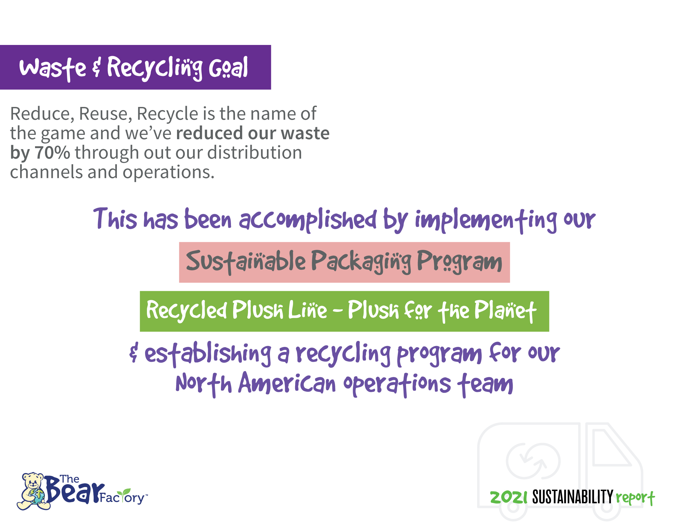 Waste & Recycling Goal Reduce, Reuse, Recycle is the name of the game and we've reduced our waste by 70% through out our distribution channels and operations. This has been accomplished by implementing our Sustainable Packaging Program Recycled Plush Line - Plush for the Planet & establishing a recycling program for our North American operations team