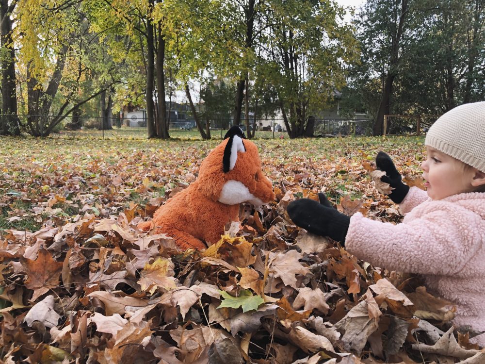 A child playing outside in a leaf pile, reaching toward a stuffed plush fox