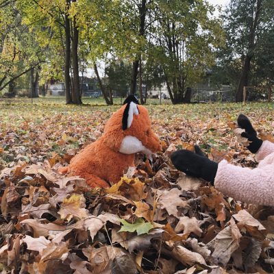 A child playing outside in a leaf pile, reaching toward a stuffed plush fox