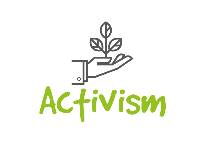 Gray hand and blossom logo with green text that says "activism"