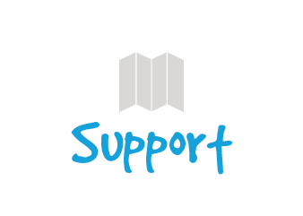 About us: Gray leaflet icon with blue words that say "support"