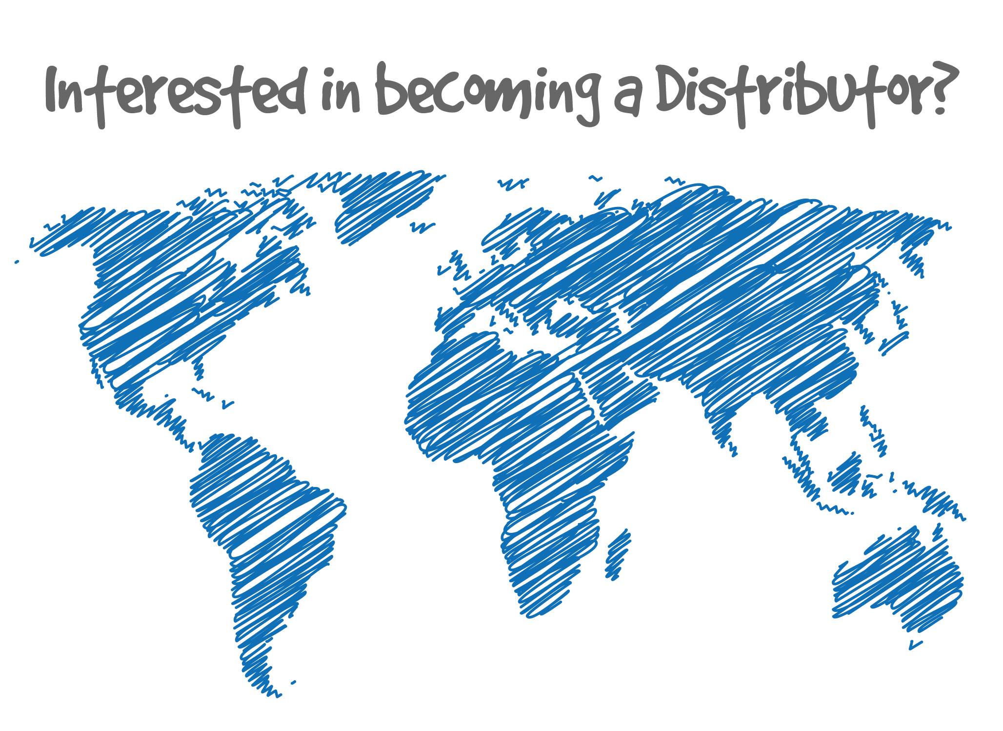 A blue map of the world with gray text that says "interested in becoming a distributor?"