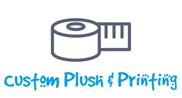 Measuring tape icon with text that says "Custom Plush & Printing"