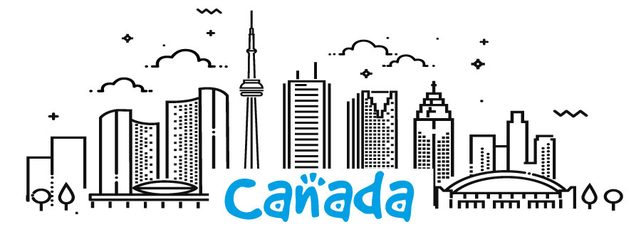 Blue Canada text with gray landmarks