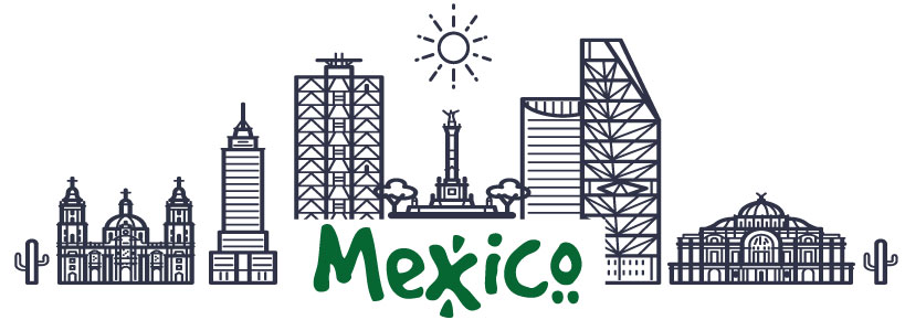 Green Mexico text with gray landmarks