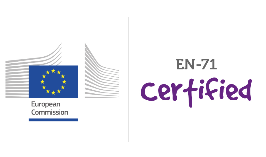 Blue flag and yellow star logo for the European Commission with text that says "EN-71 Certified"