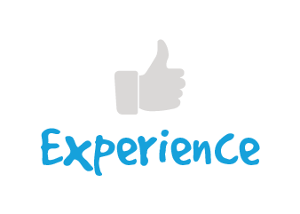 About us: Gray thumbs up icon with blue text that says "experience"