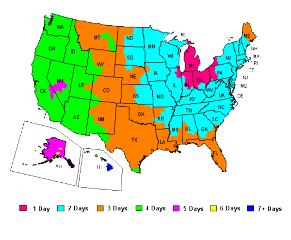 FedEx shipping zone map color coded to show 1-7 day shipping to each region.