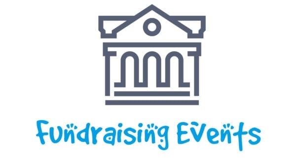 Gray building icon with blue text that says "fundraising events"