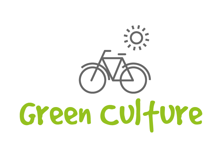 Gray bike and sun logo with green text that says "green culture"