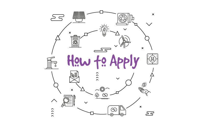 A gray icon with a circle and smaller icons like a truck, house, lightbulb, etc. with purple text that says "how to apply"
