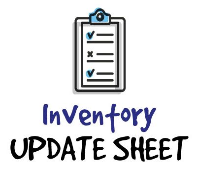 A gray checklist icon with the words "inventory update sheet" for the stock updates page