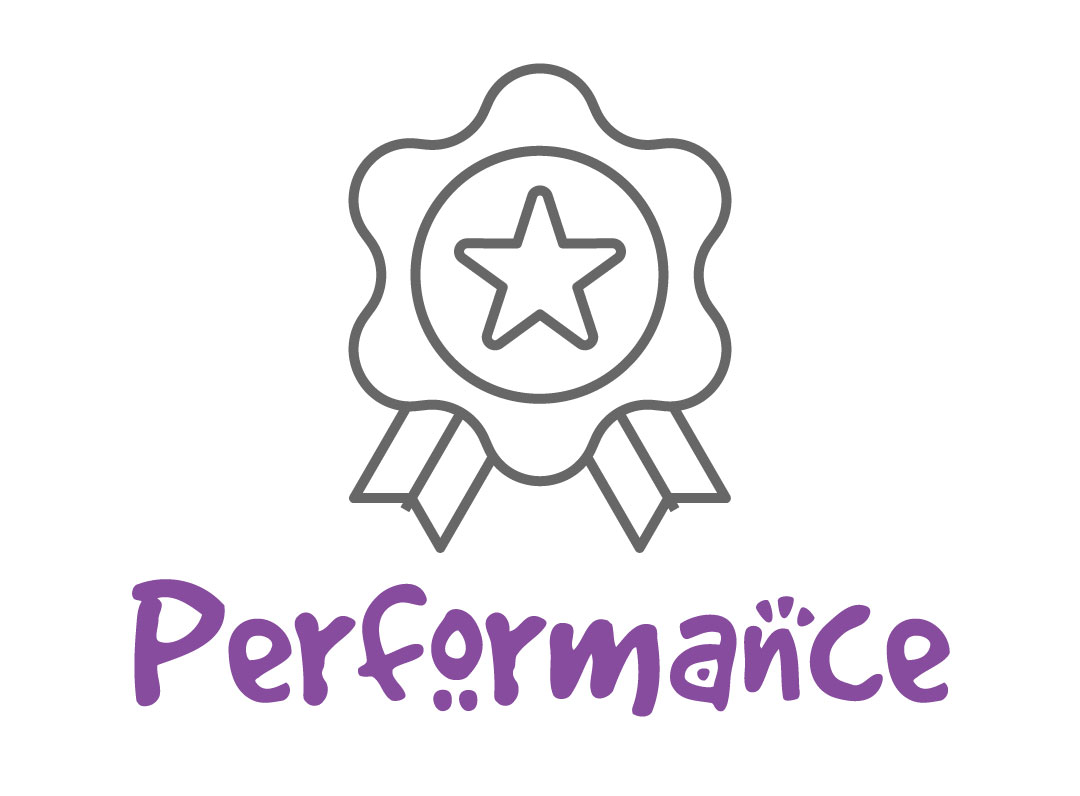 Certified dealers: a gray icon of an award ribbon with purple text that says "performance"