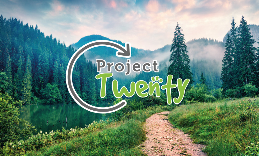 A forest scene with the text and logo for Project 20 over it