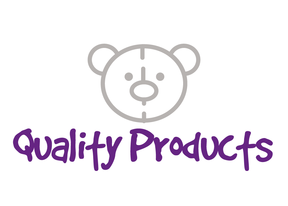 Purple text that says "quality products" and a gray bear graphic