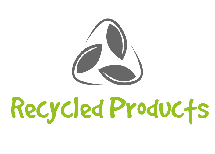 Gray recycling logo and green text that says "recycled products"