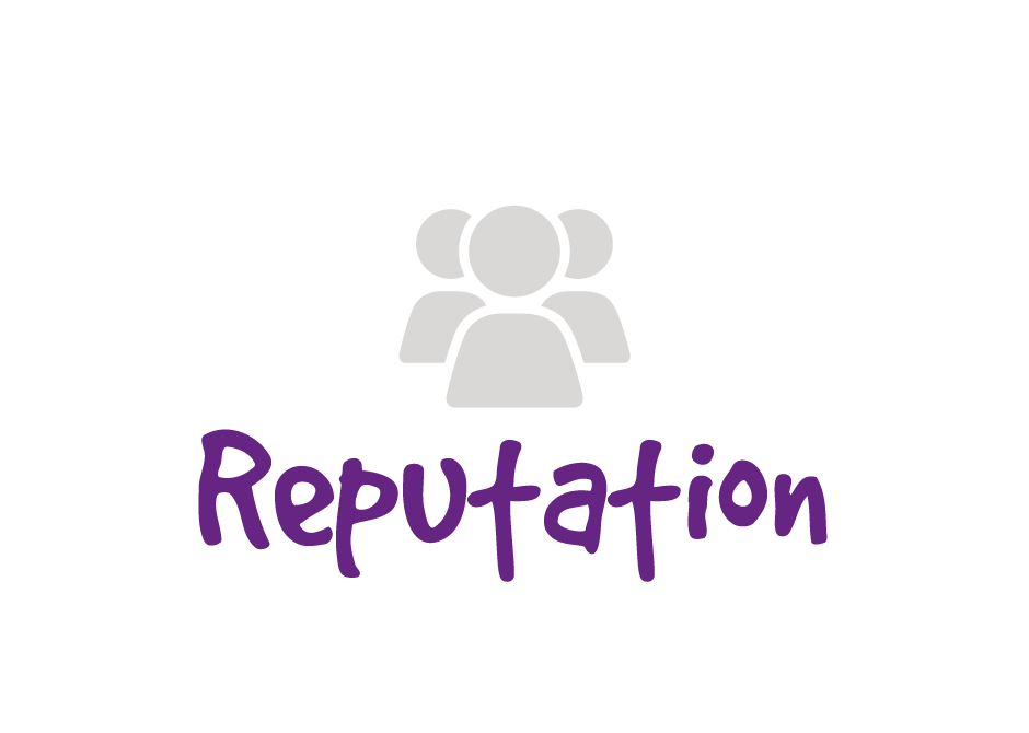 Purple text that says "reputation" with a gray person graphic