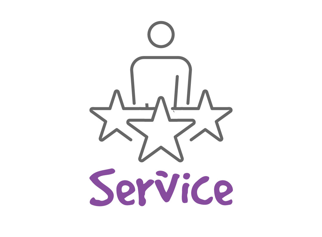 Certified dealers: A icon with a person and 3 stars, with purple text that says "service"
