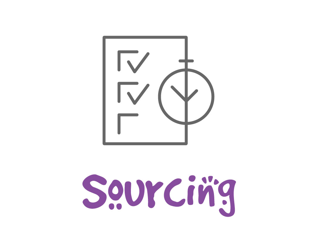 Certified dealers: a gray checklist icon with purple text that says "sourcing"