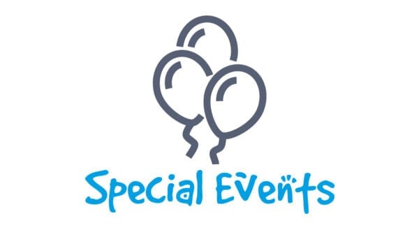 Balloon icon and text that says "special events"