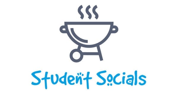 Gray grill icon with blue text that says "student socials"