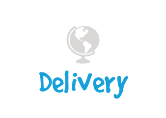 About us: Gray globe icon with blue letters that say "delivery"