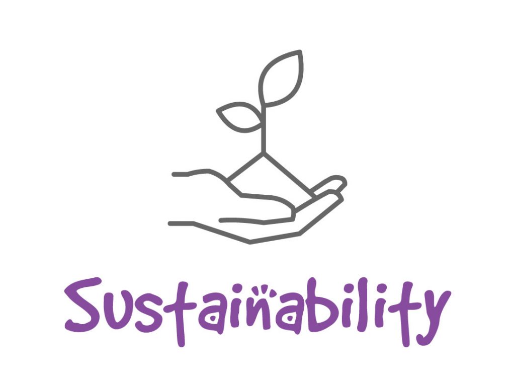 Certified dealers: a gray icon with a hand holding a small sprout of a plant with purple text that says "sustainability." The Bear Factory is a sustainable company