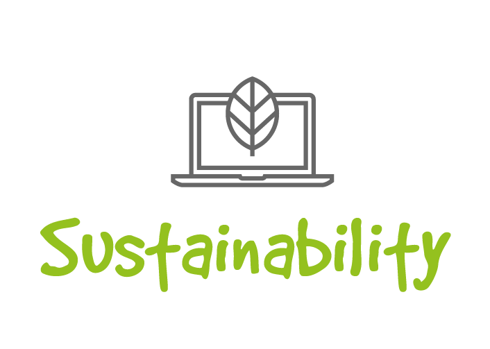 Gray icon of a leaf and a computer with green text that says "sustainability"
