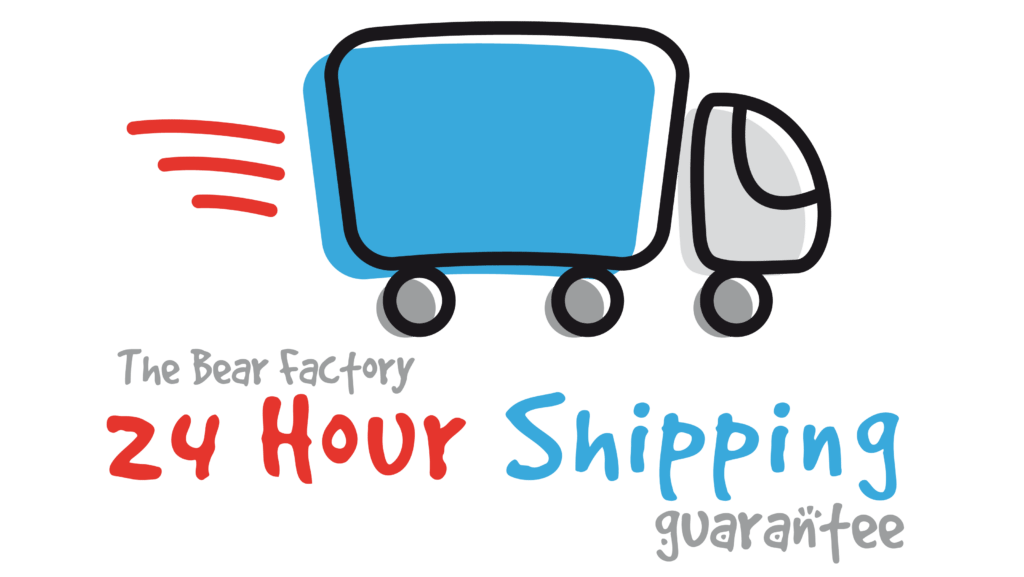 truck graphic with text that says "the bear factory 24 hours shipping guarantee." Start your Bear Factory journey