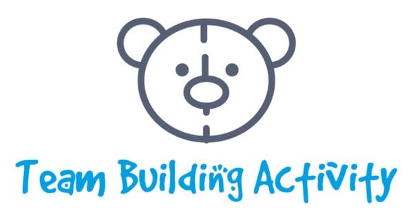 Gray bear icon with blue text that says "team building activity"