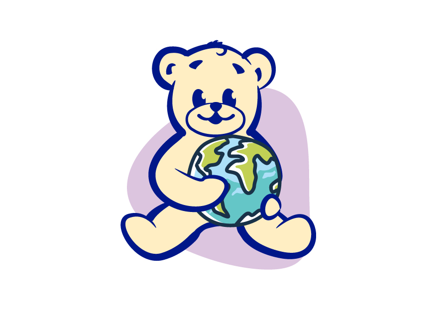 The Bear Factory bear logo holding the Earth against a purple background, highlighting social & environmental responsibility