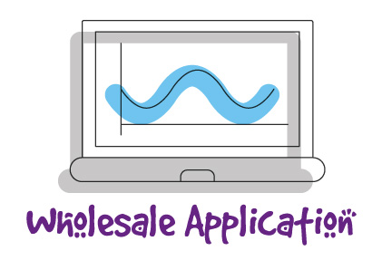 laptop graphic with purple text that says "wholesale application" for start page