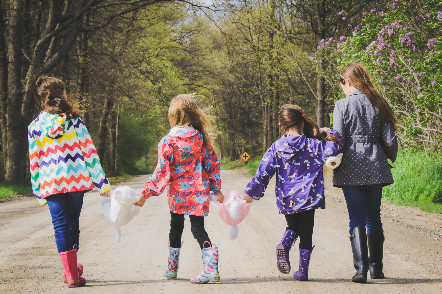 Four young girls walking away from the camera down a trail, each holding hands with a stuffed plush friend
