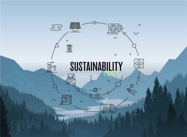 Mountain scene with the word "sustainability" in the middle, surrounding by a circle graph with various commerce graphics